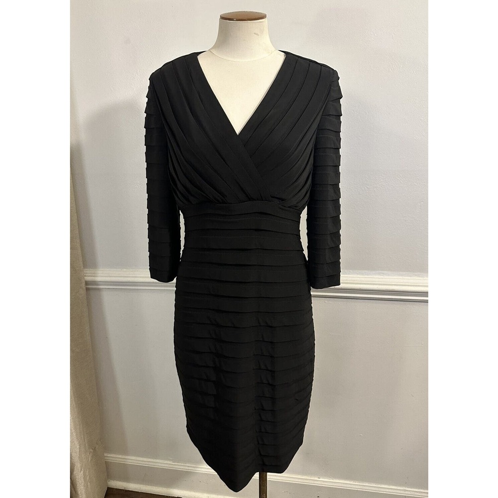 Adrianna Papell Black V-Neck Layered 3/4 Sleeve Cocktail Party Evening Dress 10P